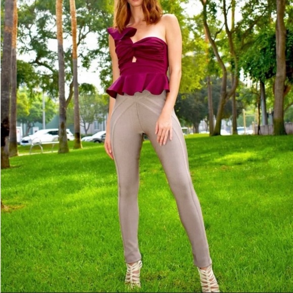 Herve Leger Fioella Bandage Legging Pants in Gravel Neutral Beige Size XS - Picture 12 of 12